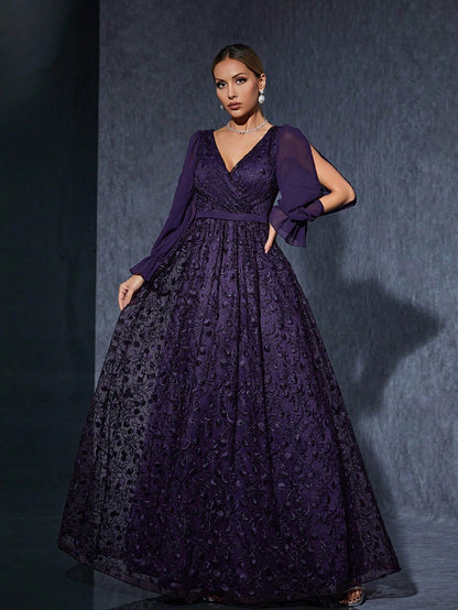 Women Purple Summer Elegant Embroidery Maxi Dress, V-Neck Chiffon Long Sleeve Flared Hem Formal Evening Gown For Wedding Guest Party Holiday