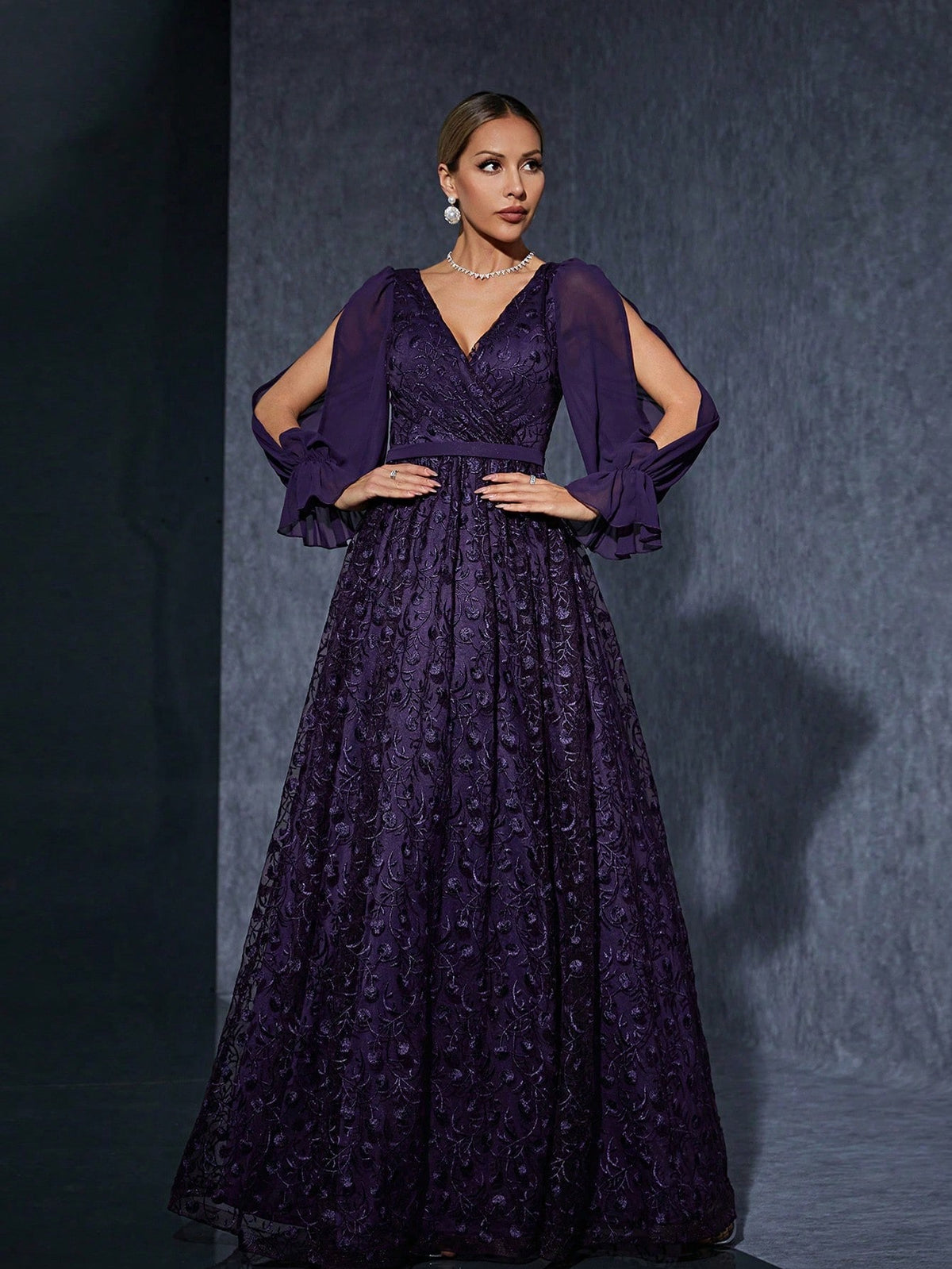 Women Purple Summer Elegant Embroidery Maxi Dress, V-Neck Chiffon Long Sleeve Flared Hem Formal Evening Gown For Wedding Guest Party Holiday