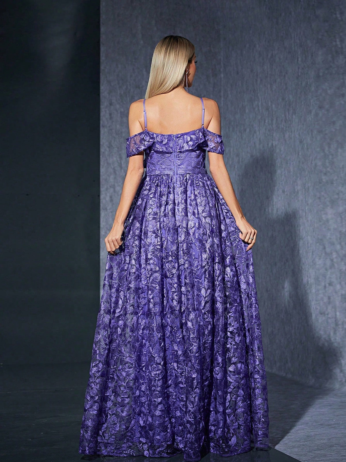 Luxury Elegant Purple Floral Lace Off-Shoulder High Slit A-Line Dress For Women, Suitable For Summer Balls, Parties, Vacations, Celebrations And Festivals