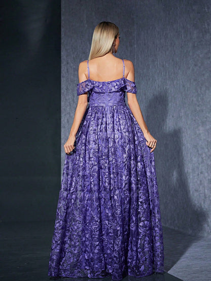 Luxury Elegant Purple Floral Lace Off-Shoulder High Slit A-Line Dress For Women, Suitable For Summer Balls, Parties, Vacations, Celebrations And Festivals