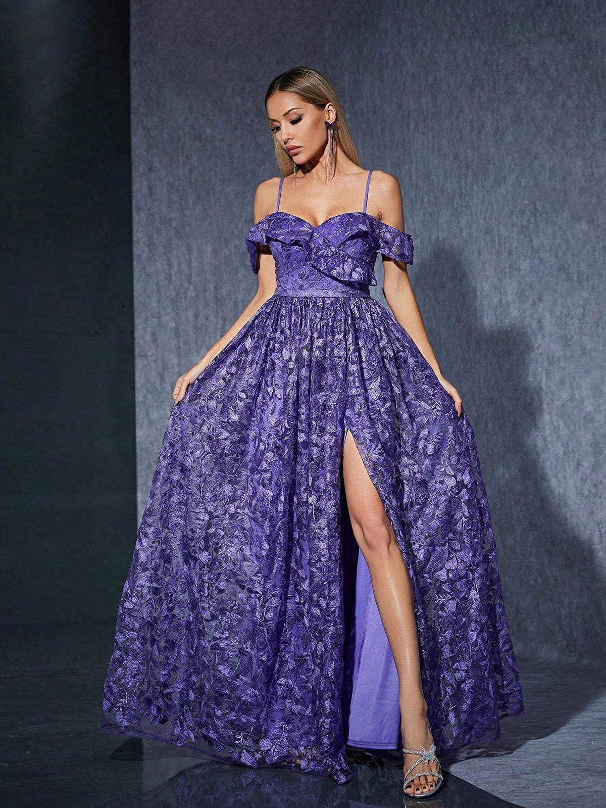 Luxury Elegant Purple Floral Lace Off-Shoulder High Slit A-Line Dress For Women, Suitable For Summer Balls, Parties, Vacations, Celebrations And Festivals