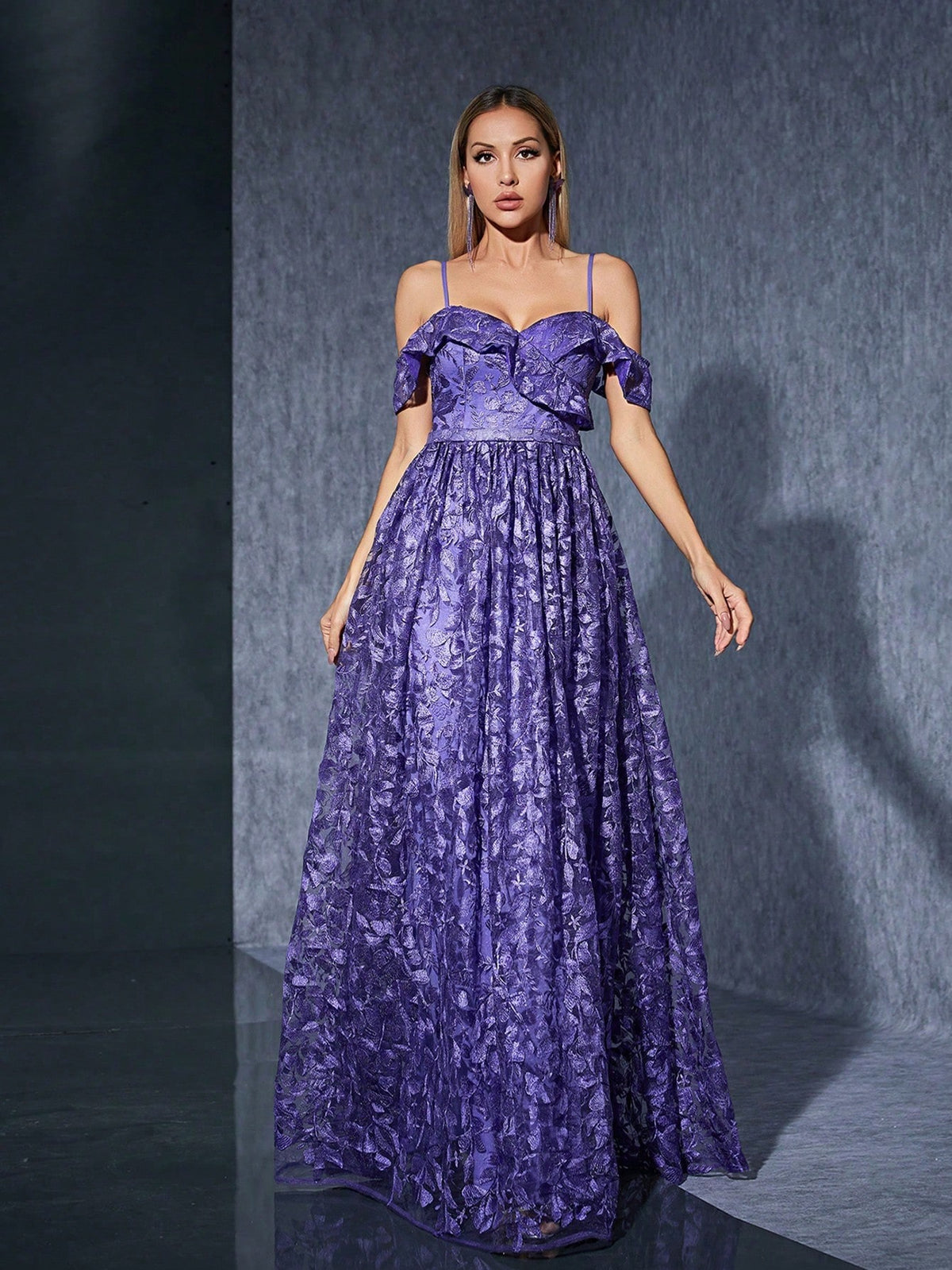 Luxury Elegant Purple Floral Lace Off-Shoulder High Slit A-Line Dress For Women, Suitable For Summer Balls, Parties, Vacations, Celebrations And Festivals