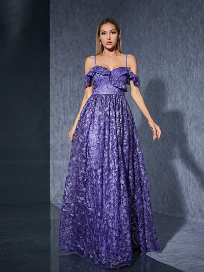 Luxury Elegant Purple Floral Lace Off-Shoulder High Slit A-Line Dress For Women, Suitable For Summer Balls, Parties, Vacations, Celebrations And Festivals