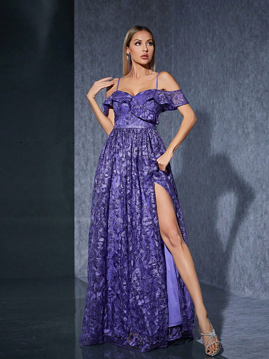 Luxury Elegant Purple Floral Lace Off-Shoulder High Slit A-Line Dress For Women, Suitable For Summer Balls, Parties, Vacations, Celebrations And Festivals