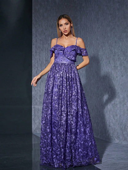 Luxury Elegant Purple Floral Lace Off-Shoulder High Slit A-Line Dress For Women, Suitable For Summer Balls, Parties, Vacations, Celebrations And Festivals