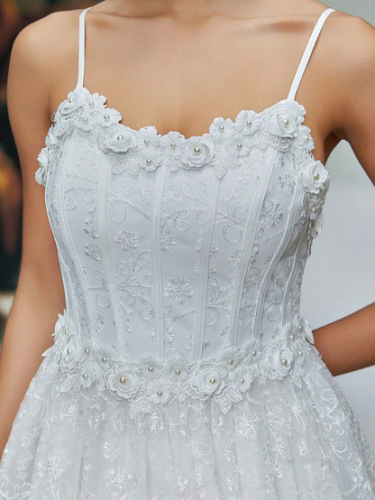 New Arrival Tank Delicate Wedding Dress Embroidery 3D Floral A-Line Dres,White Dress,Wedding Guest Party, Vacation,Summer,Festival