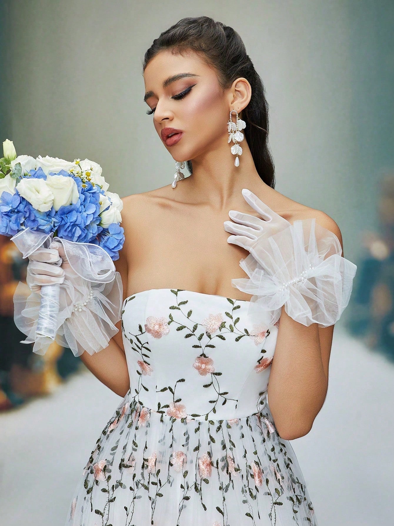 White Floral Embroidered Strapless A-Line Tulle Maxi Dress, Elegant Women's Summer Wedding, Ball, Evening, Party And Holiday Wear