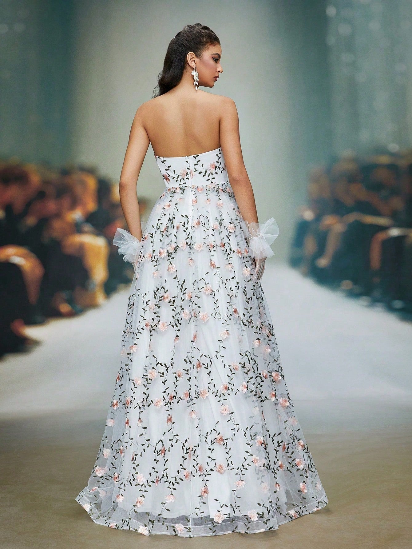 White Floral Embroidered Strapless A-Line Tulle Maxi Dress, Elegant Women's Summer Wedding, Ball, Evening, Party And Holiday Wear