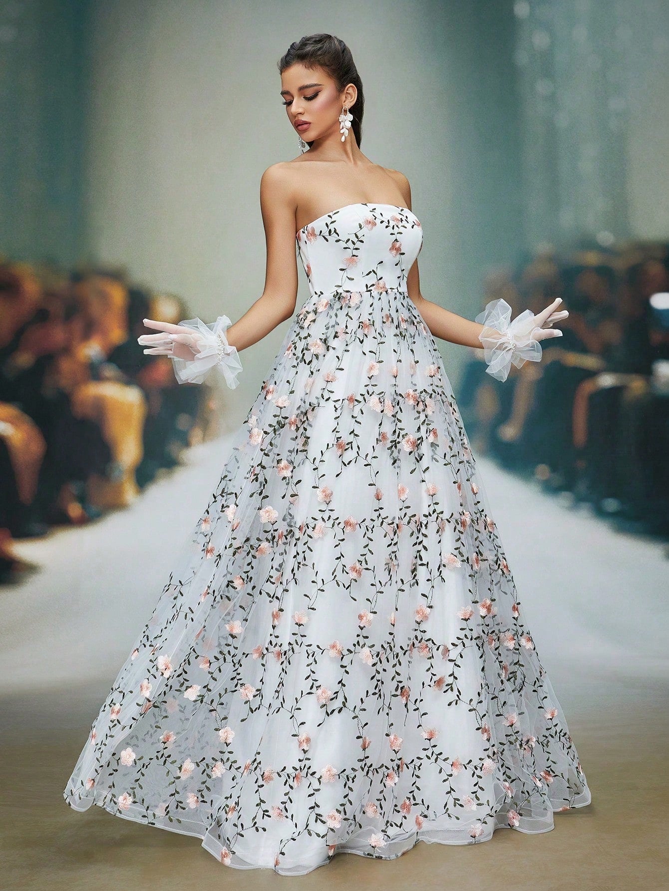 White Floral Embroidered Strapless A-Line Tulle Maxi Dress, Elegant Women's Summer Wedding, Ball, Evening, Party And Holiday Wear