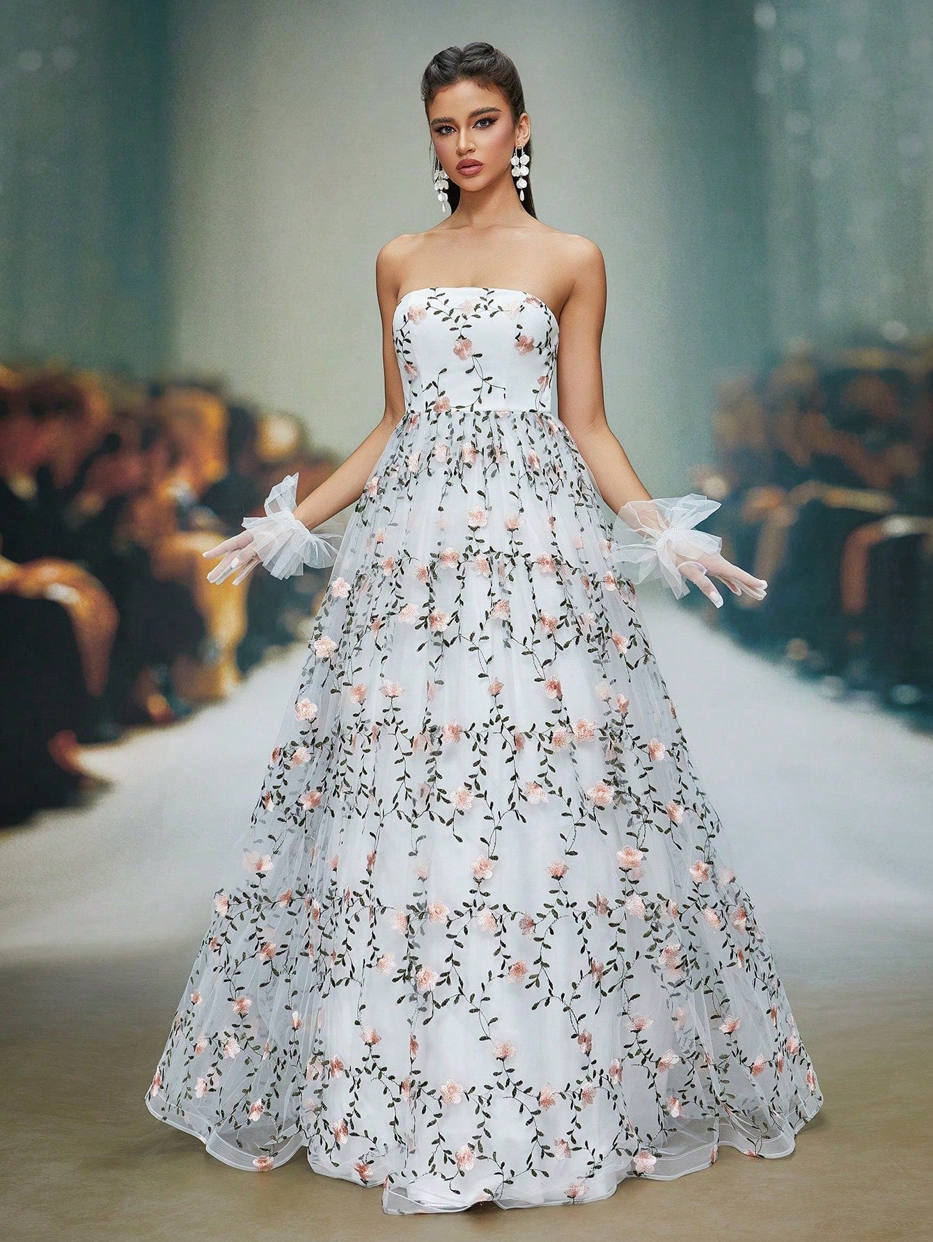 White Floral Embroidered Strapless A-Line Tulle Maxi Dress, Elegant Women's Summer Wedding, Ball, Evening, Party And Holiday Wear