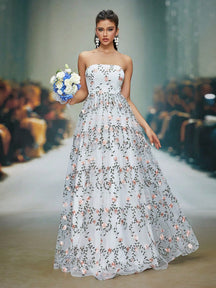 White Floral Embroidered Strapless A-Line Tulle Maxi Dress, Elegant Women's Summer Wedding, Ball, Evening, Party And Holiday Wear