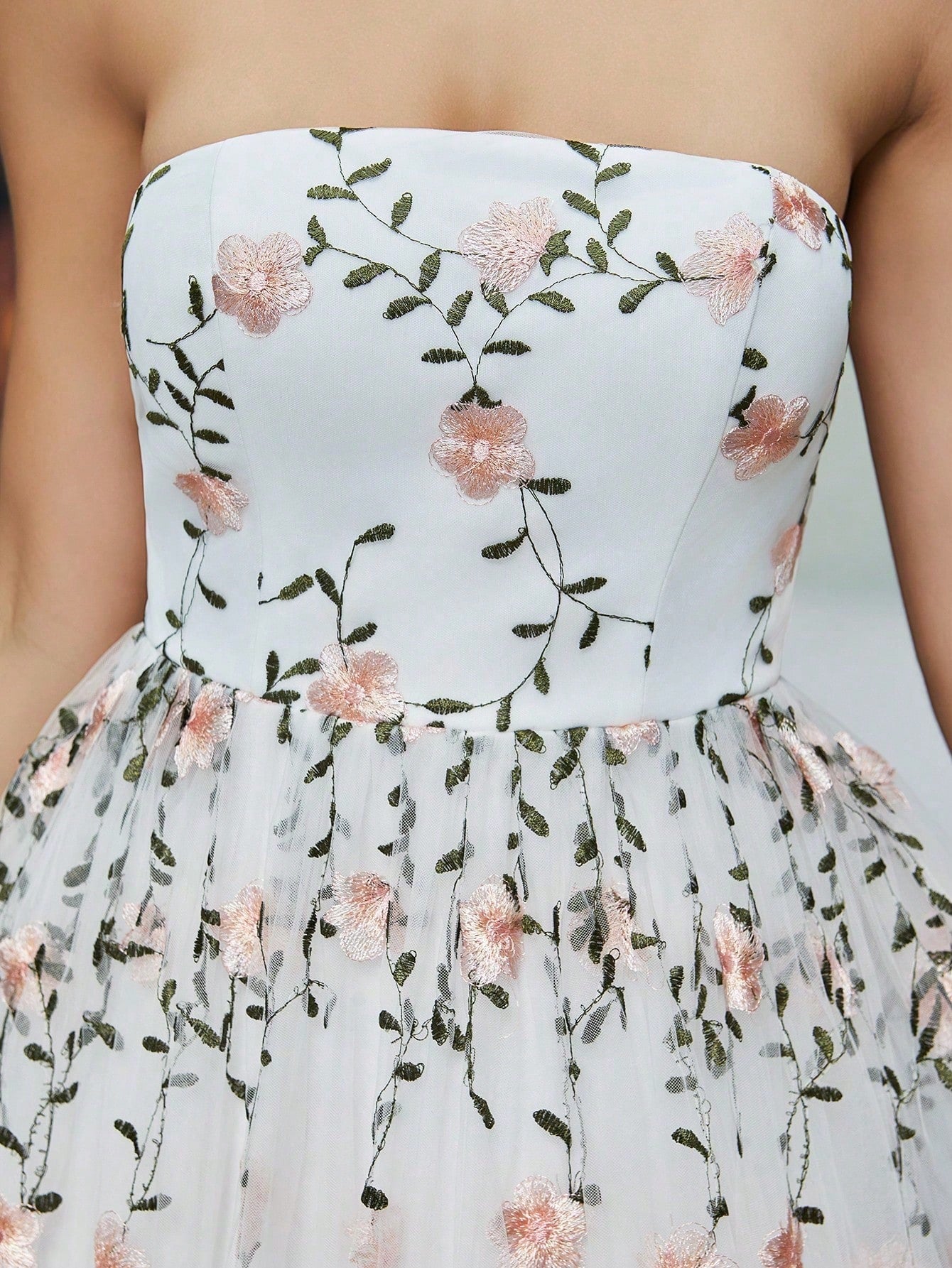 White Floral Embroidered Strapless A-Line Tulle Maxi Dress, Elegant Women's Summer Wedding, Ball, Evening, Party And Holiday Wear