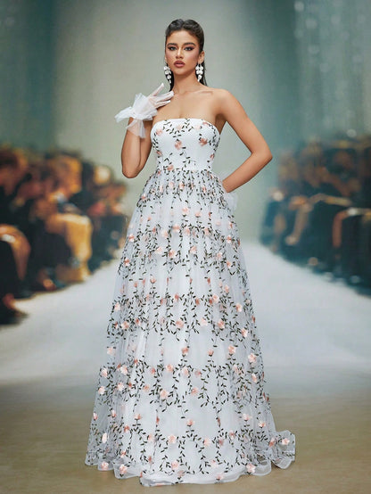 White Floral Embroidered Strapless A-Line Tulle Maxi Dress, Elegant Women's Summer Wedding, Ball, Evening, Party And Holiday Wear