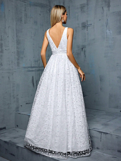 Embroidered Lace Floor-Length Wedding Gown White Dresses For Women Wedding Guest Party Vacation Summer Luxury Festival Outfits Elegant Floral