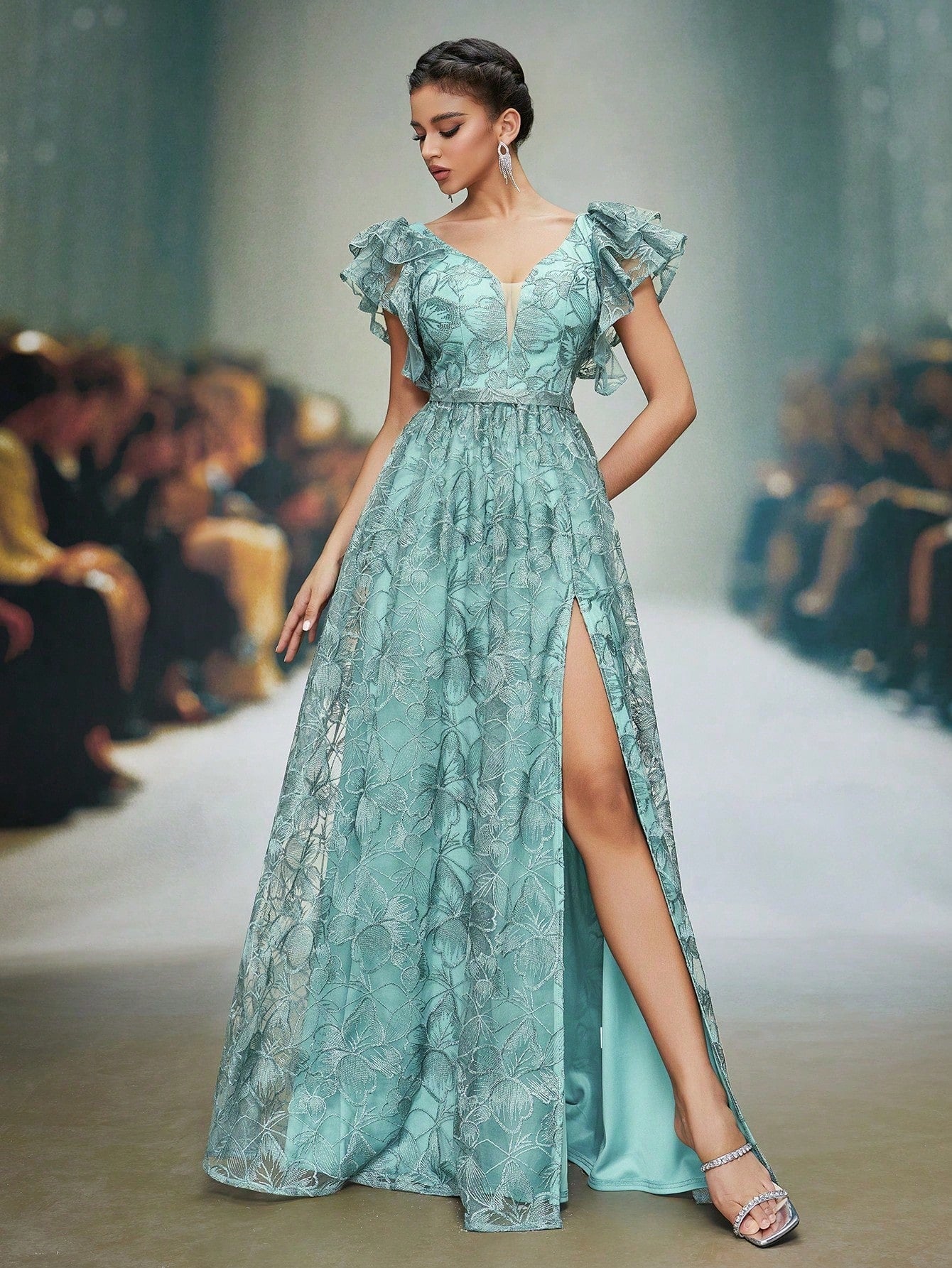 Teal Floral Lace V-Neck Ruffle Sleeve High Slit A-Line Maxi Dress,Elegant Women's Summer Gown For Wedding,Prom,Dinner,Party & Festival