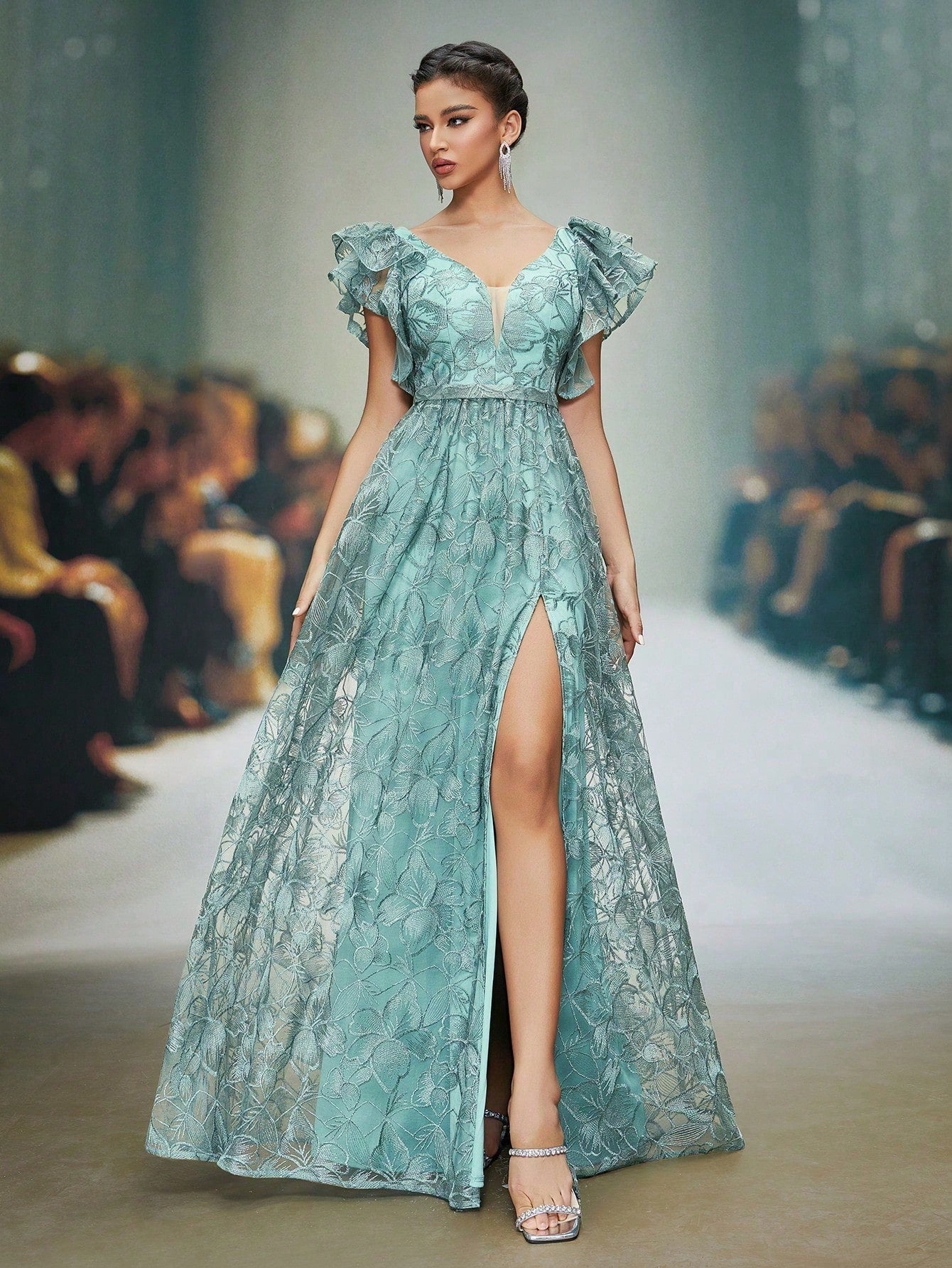 Teal Floral Lace V-Neck Ruffle Sleeve High Slit A-Line Maxi Dress,Elegant Women's Summer Gown For Wedding,Prom,Dinner,Party & Festival