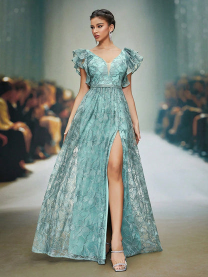 Teal Floral Lace V-Neck Ruffle Sleeve High Slit A-Line Maxi Dress,Elegant Women's Summer Gown For Wedding,Prom,Dinner,Party & Festival