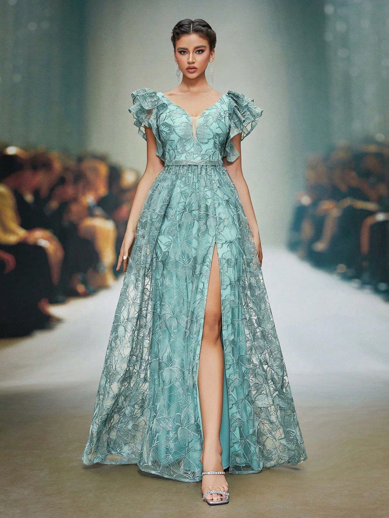 Teal Floral Lace V-Neck Ruffle Sleeve High Slit A-Line Maxi Dress,Elegant Women's Summer Gown For Wedding,Prom,Dinner,Party & Festival