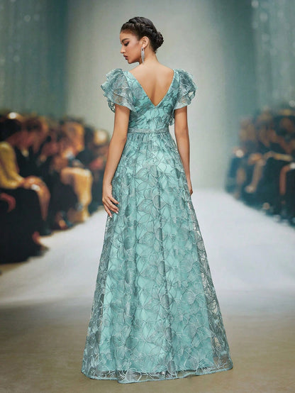 Teal Floral Lace V-Neck Ruffle Sleeve High Slit A-Line Maxi Dress,Elegant Women's Summer Gown For Wedding,Prom,Dinner,Party & Festival