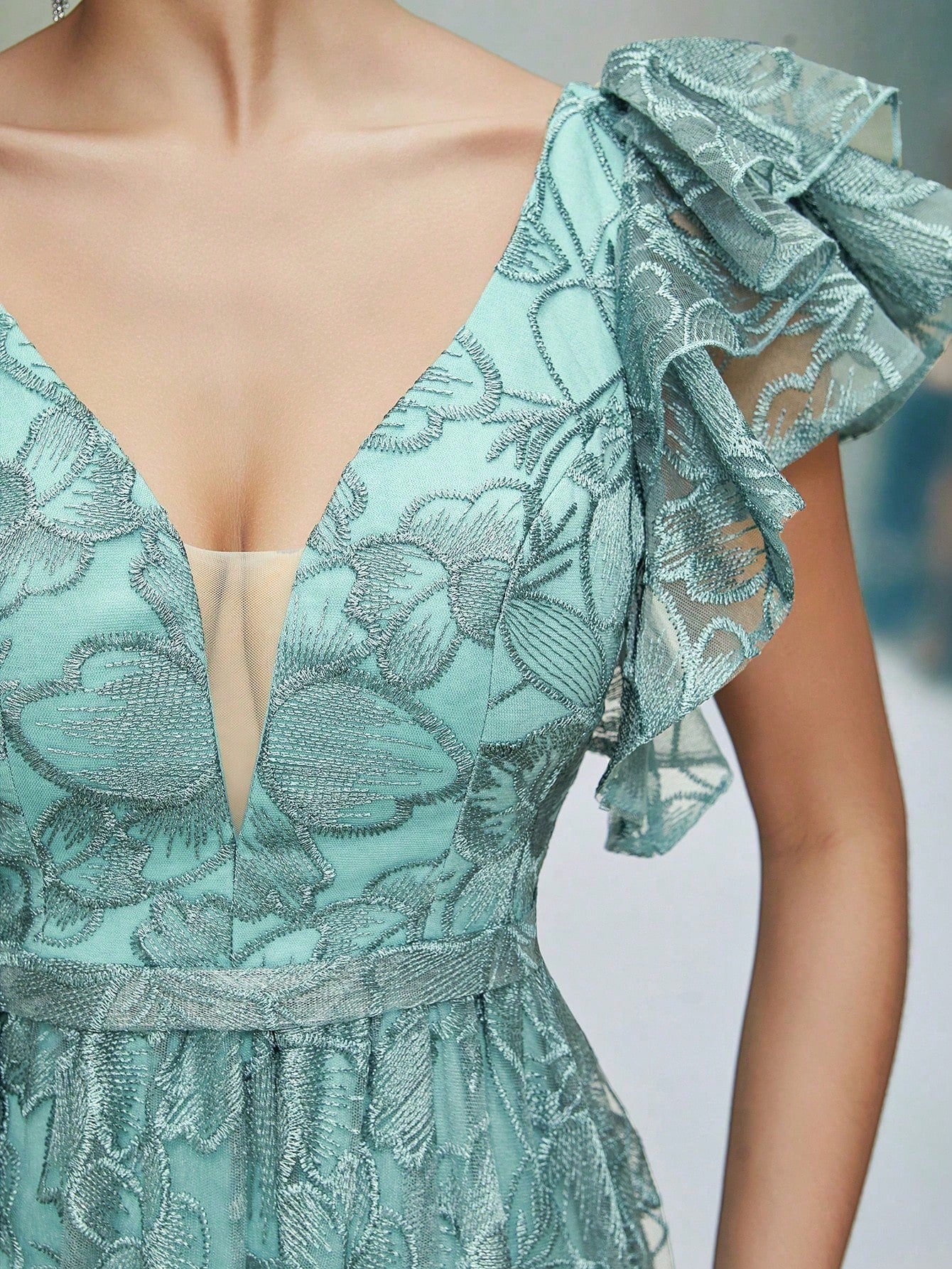Teal Floral Lace V-Neck Ruffle Sleeve High Slit A-Line Maxi Dress,Elegant Women's Summer Gown For Wedding,Prom,Dinner,Party & Festival