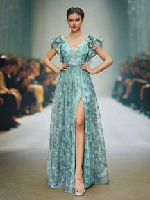 Teal Floral Lace V-Neck Ruffle Sleeve High Slit A-Line Maxi Dress,Elegant Women's Summer Gown For Wedding,Prom,Dinner,Party & Festival