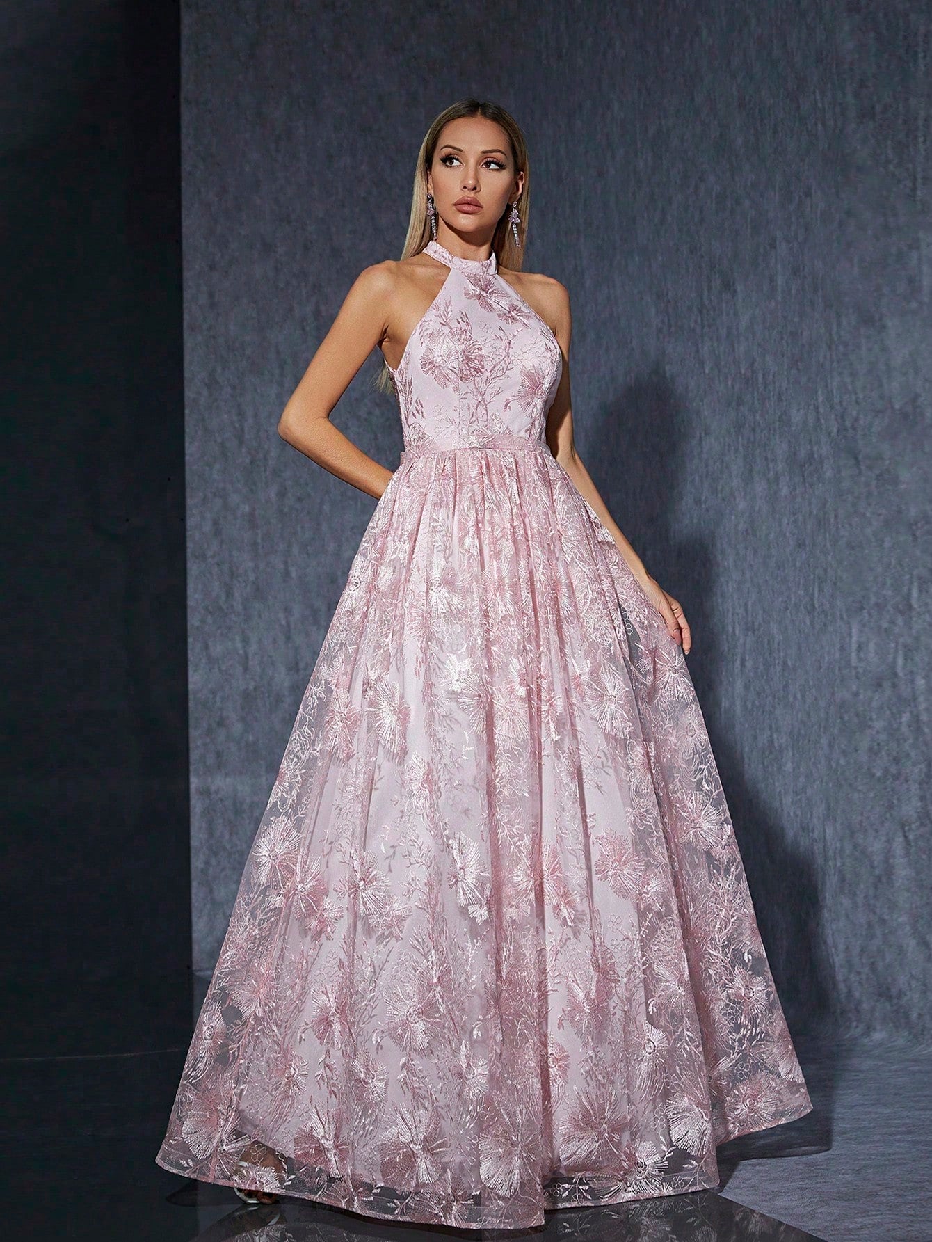 Women's Summer Pink Floral Lace Halter Neck Sleeveless A-Line Maxi Dress/Evening Gown For Wedding, Prom, Party, Vacation, Festival, Date Night