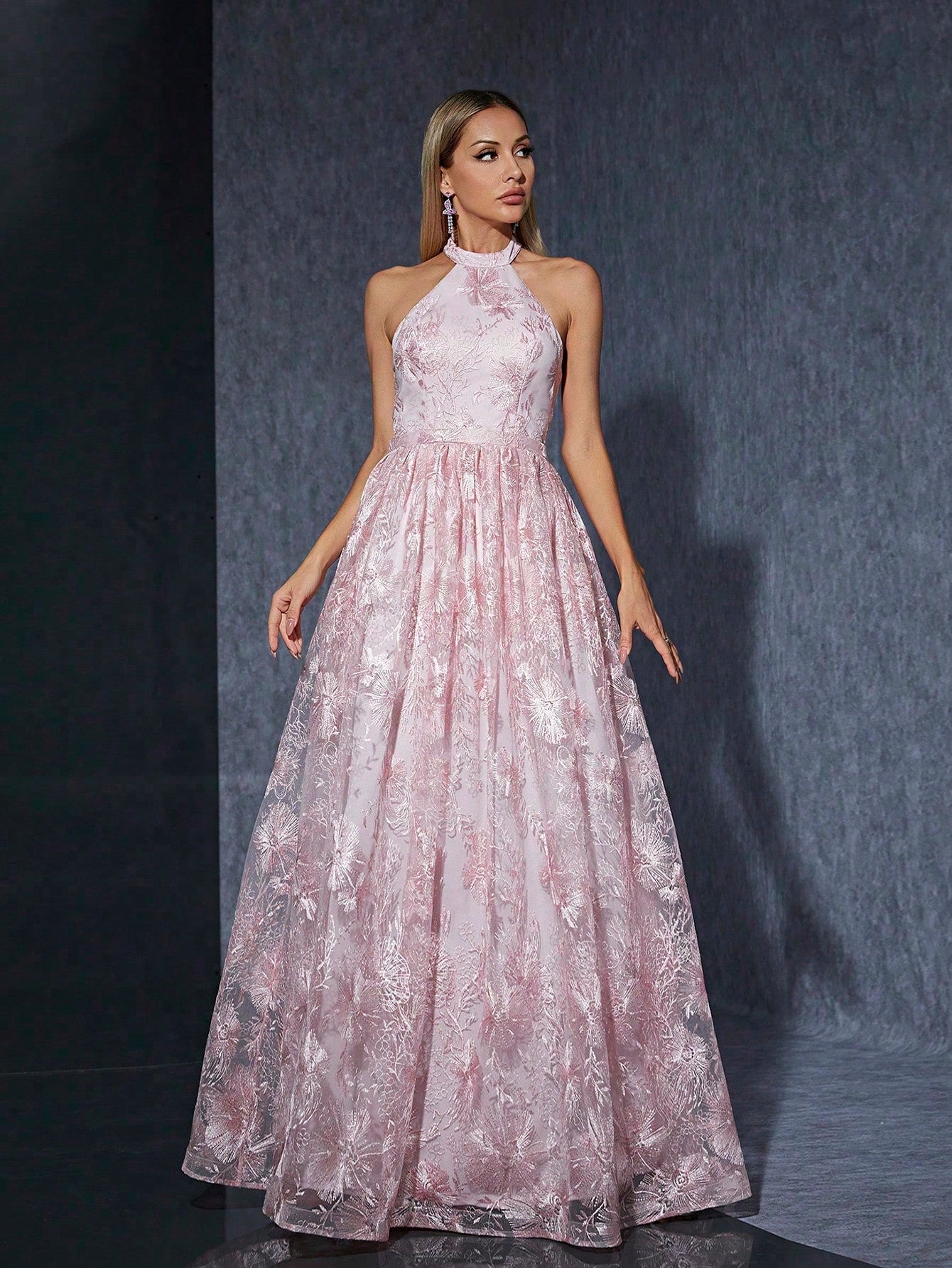 Women's Summer Pink Floral Lace Halter Neck Sleeveless A-Line Maxi Dress/Evening Gown For Wedding, Prom, Party, Vacation, Festival, Date Night