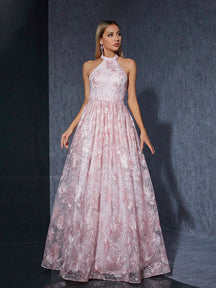 Women's Summer Pink Floral Lace Halter Neck Sleeveless A-Line Maxi Dress/Evening Gown For Wedding, Prom, Party, Vacation, Festival, Date Night