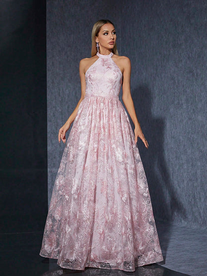 Women's Summer Pink Floral Lace Halter Neck Sleeveless A-Line Maxi Dress/Evening Gown For Wedding, Prom, Party, Vacation, Festival, Date Night
