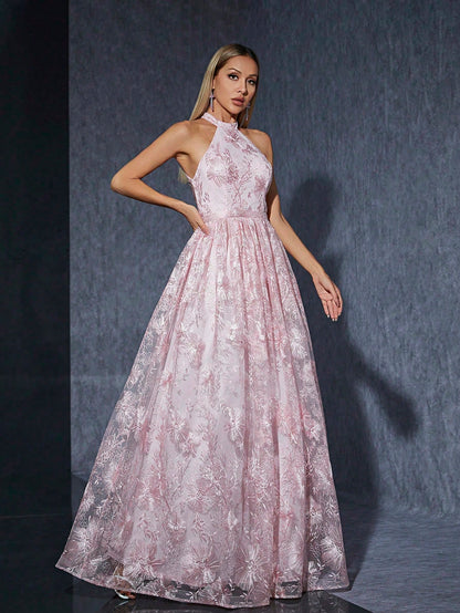 Women's Summer Pink Floral Lace Halter Neck Sleeveless A-Line Maxi Dress/Evening Gown For Wedding, Prom, Party, Vacation, Festival, Date Night