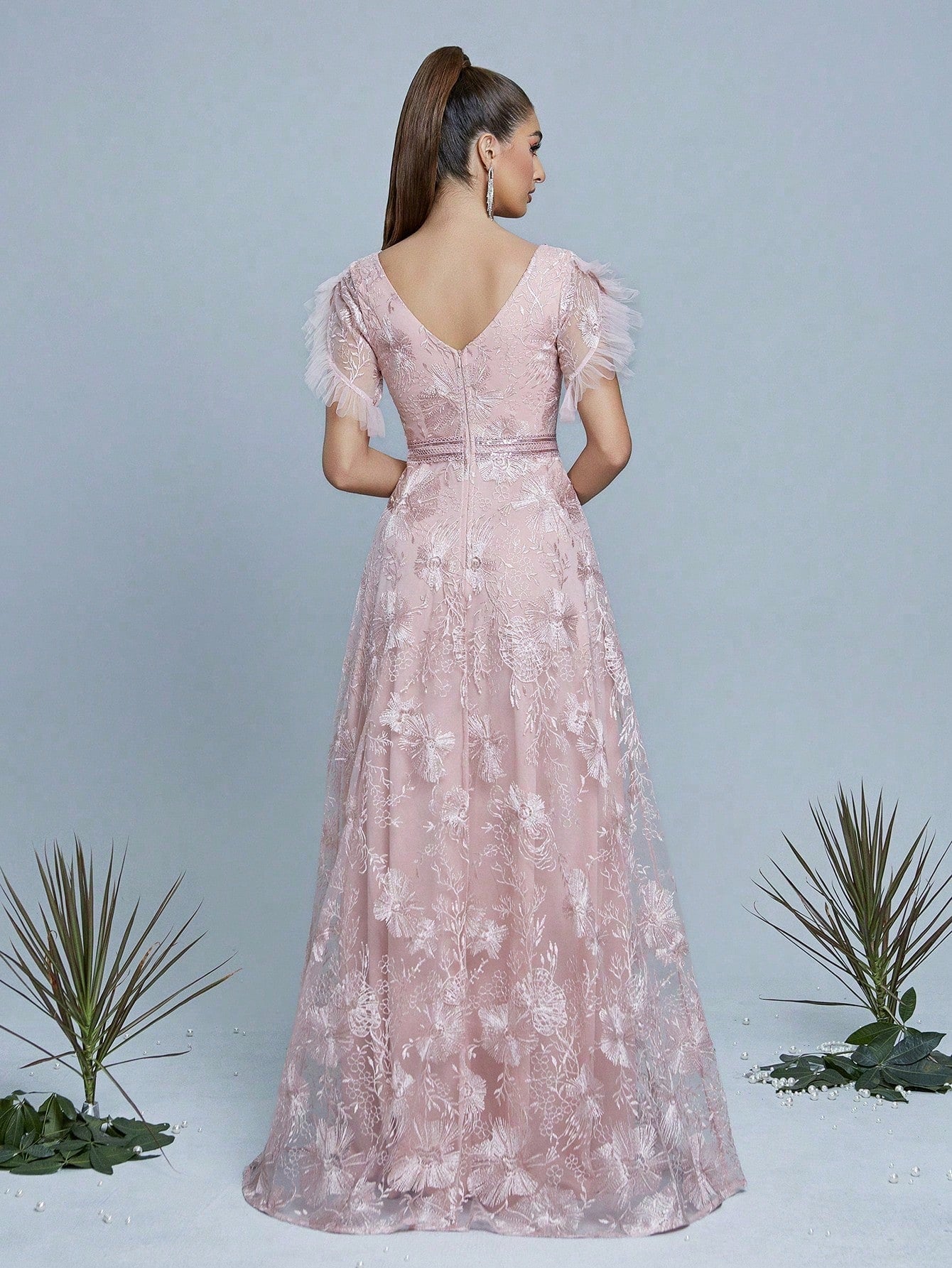 Pink Floral Lace V-Neck Short Sleeve High Slit A-Line Long Dress, Elegant Women's Summer Wedding, Ball, Evening, Party And Holiday Outfit