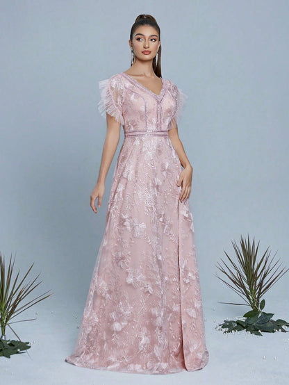 Pink Floral Lace V-Neck Short Sleeve High Slit A-Line Long Dress, Elegant Women's Summer Wedding, Ball, Evening, Party And Holiday Outfit