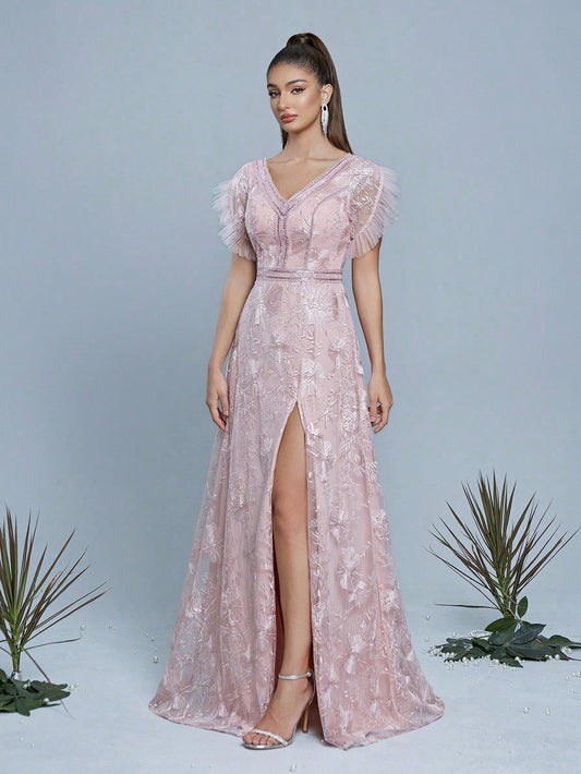 Pink Floral Lace V-Neck Short Sleeve High Slit A-Line Long Dress, Elegant Women's Summer Wedding, Ball, Evening, Party And Holiday Outfit