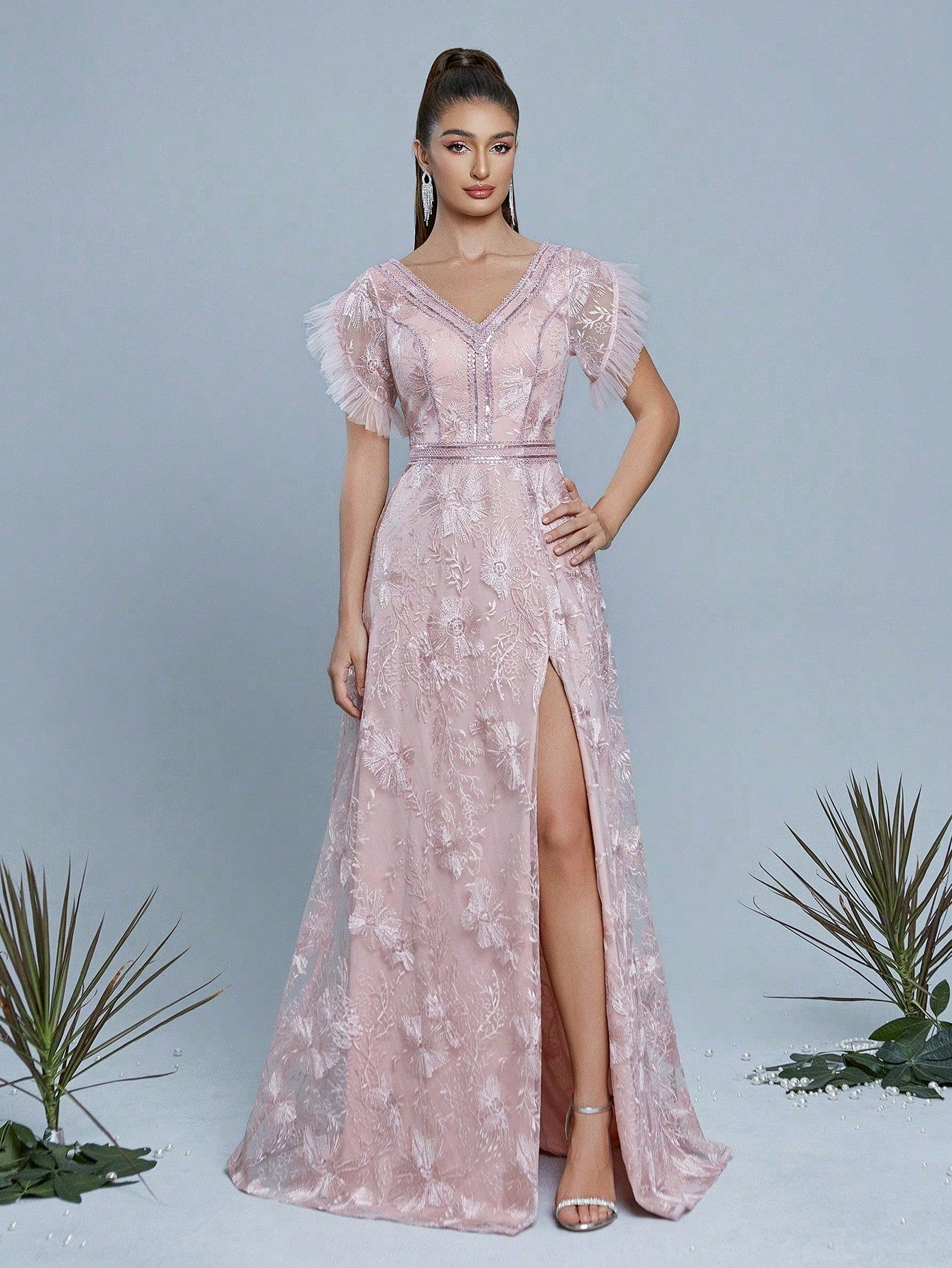 Pink Floral Lace V-Neck Short Sleeve High Slit A-Line Long Dress, Elegant Women's Summer Wedding, Ball, Evening, Party And Holiday Outfit