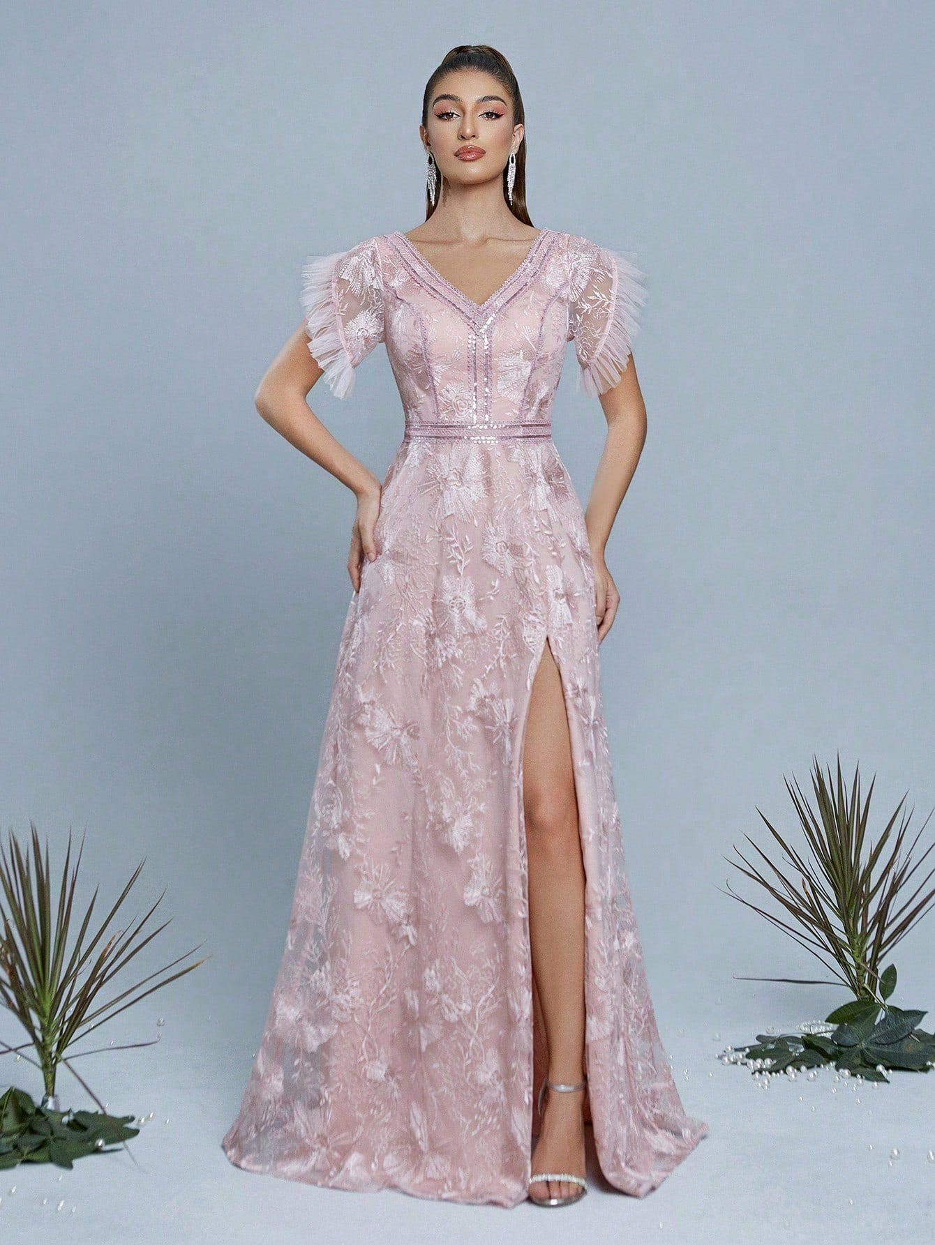 Pink Floral Lace V-Neck Short Sleeve High Slit A-Line Long Dress, Elegant Women's Summer Wedding, Ball, Evening, Party And Holiday Outfit