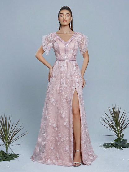 Pink Floral Lace V-Neck Short Sleeve High Slit A-Line Long Dress, Elegant Women's Summer Wedding, Ball, Evening, Party And Holiday Outfit