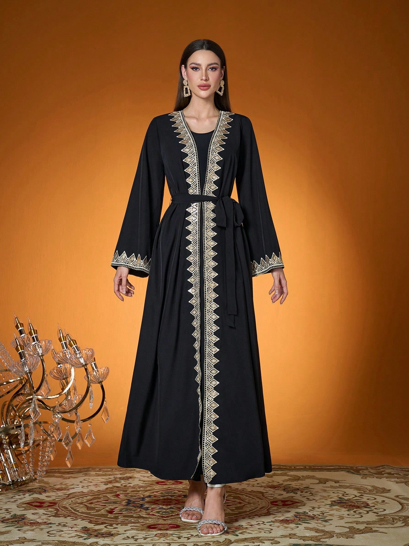 Plus Size Black Gold Embroidered Open Front Long Robe, Elegant Women's Long Sleeve Robe Suitable For Balls, Galas, Parties And Holidays
