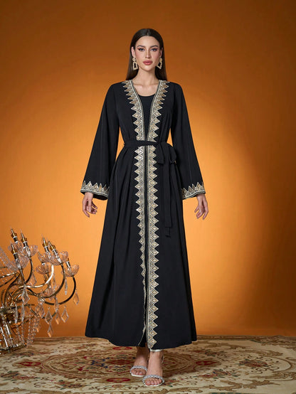 Plus Size Black Gold Embroidered Open Front Long Robe, Elegant Women's Long Sleeve Robe Suitable For Balls, Galas, Parties And Holidays