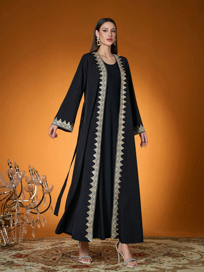 Plus Size Black Gold Embroidered Open Front Long Robe, Elegant Women's Long Sleeve Robe Suitable For Balls, Galas, Parties And Holidays