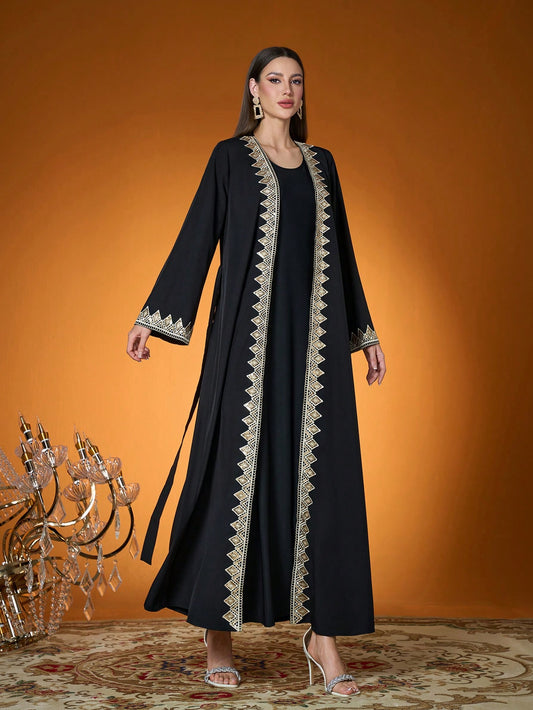 Plus Size Black Gold Embroidered Open Front Long Robe, Elegant Women's Long Sleeve Robe Suitable For Balls, Galas, Parties And Holidays