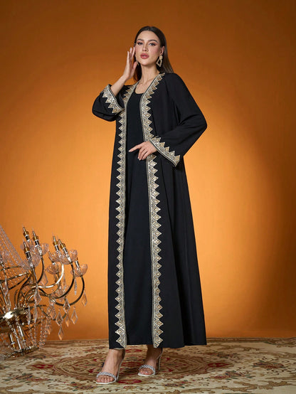 Plus Size Black Gold Embroidered Open Front Long Robe, Elegant Women's Long Sleeve Robe Suitable For Balls, Galas, Parties And Holidays