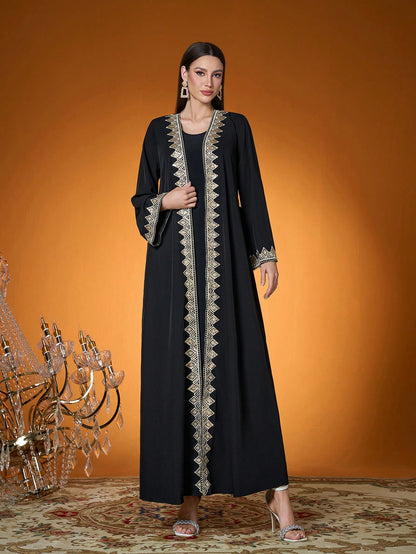Plus Size Black Gold Embroidered Open Front Long Robe, Elegant Women's Long Sleeve Robe Suitable For Balls, Galas, Parties And Holidays