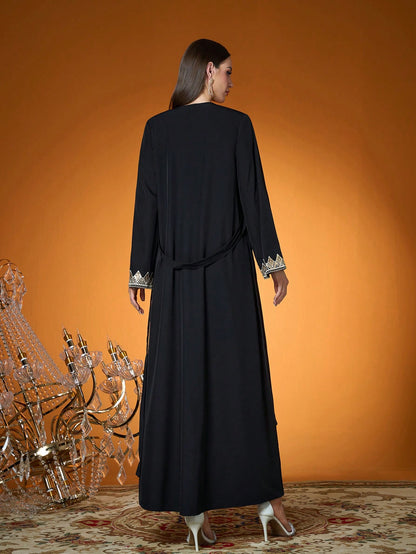 Plus Size Black Gold Embroidered Open Front Long Robe, Elegant Women's Long Sleeve Robe Suitable For Balls, Galas, Parties And Holidays