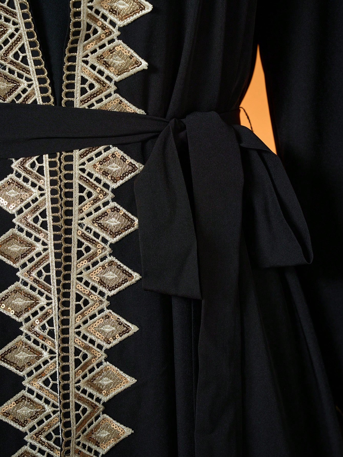 Plus Size Black Gold Embroidered Open Front Long Robe, Elegant Women's Long Sleeve Robe Suitable For Balls, Galas, Parties And Holidays