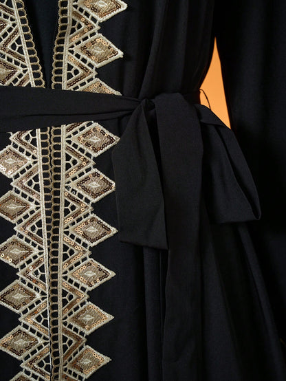 Plus Size Black Gold Embroidered Open Front Long Robe, Elegant Women's Long Sleeve Robe Suitable For Balls, Galas, Parties And Holidays