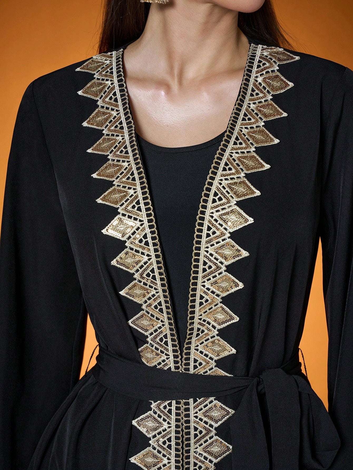 Plus Size Black Gold Embroidered Open Front Long Robe, Elegant Women's Long Sleeve Robe Suitable For Balls, Galas, Parties And Holidays