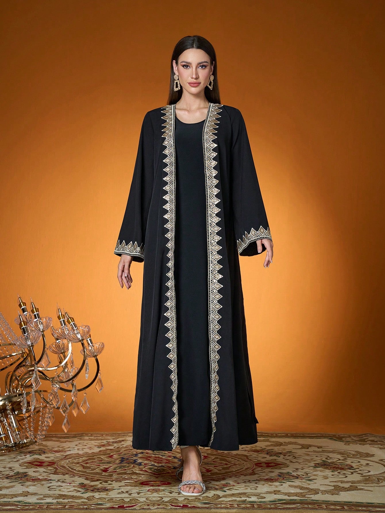 Plus Size Black Gold Embroidered Open Front Long Robe, Elegant Women's Long Sleeve Robe Suitable For Balls, Galas, Parties And Holidays