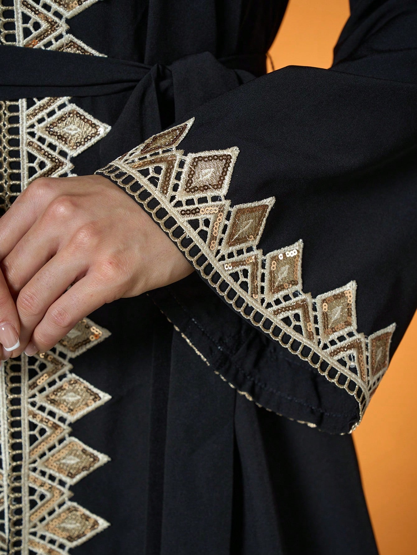 Plus Size Black Gold Embroidered Open Front Long Robe, Elegant Women's Long Sleeve Robe Suitable For Balls, Galas, Parties And Holidays