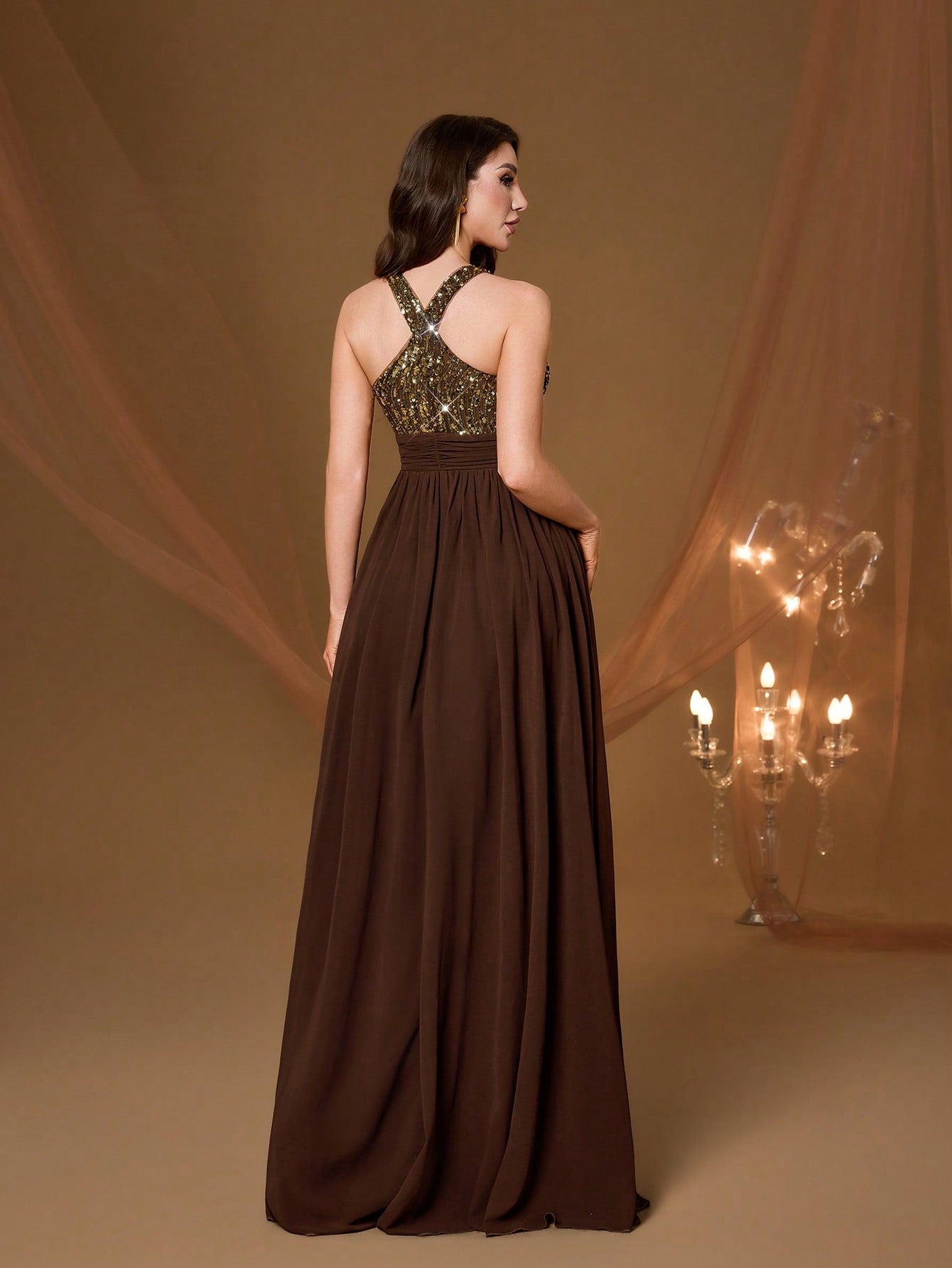 High Collar Backless Decorative Evening Dress, Embellished With Sequin Bow Decor, High Slit, Satin A-Line Skirt Spring Wedding Party Black