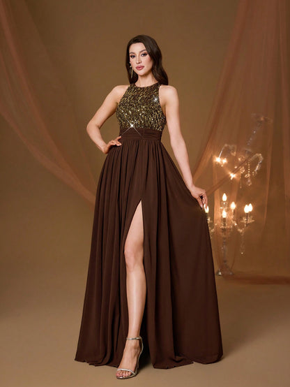 High Collar Backless Decorative Evening Dress, Embellished With Sequin Bow Decor, High Slit, Satin A-Line Skirt Spring Wedding Party Black